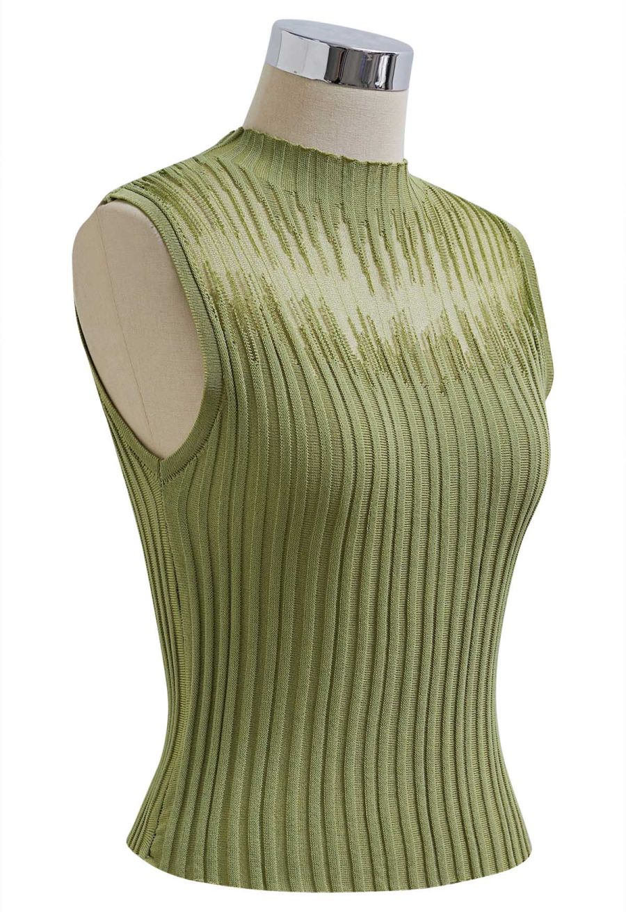 Mesh Inserted Mock Neck Ribbed Knit Tank Top in Green