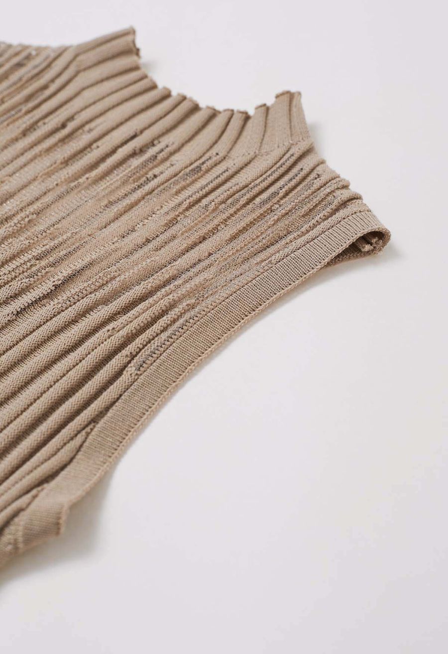 Mesh Inserted Mock Neck Ribbed Knit Tank Top in Tan