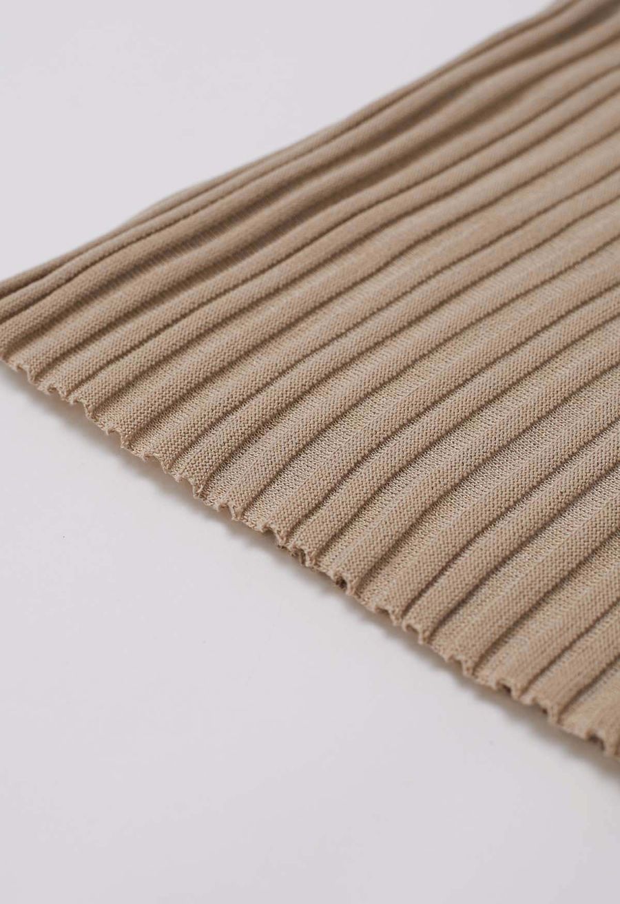 Mesh Inserted Mock Neck Ribbed Knit Tank Top in Tan