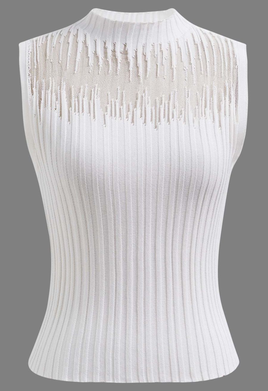 Mesh Inserted Mock Neck Ribbed Knit Tank Top in White