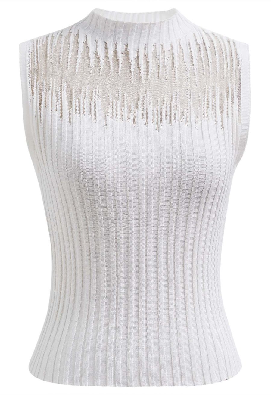 Mesh Inserted Mock Neck Ribbed Knit Tank Top in White