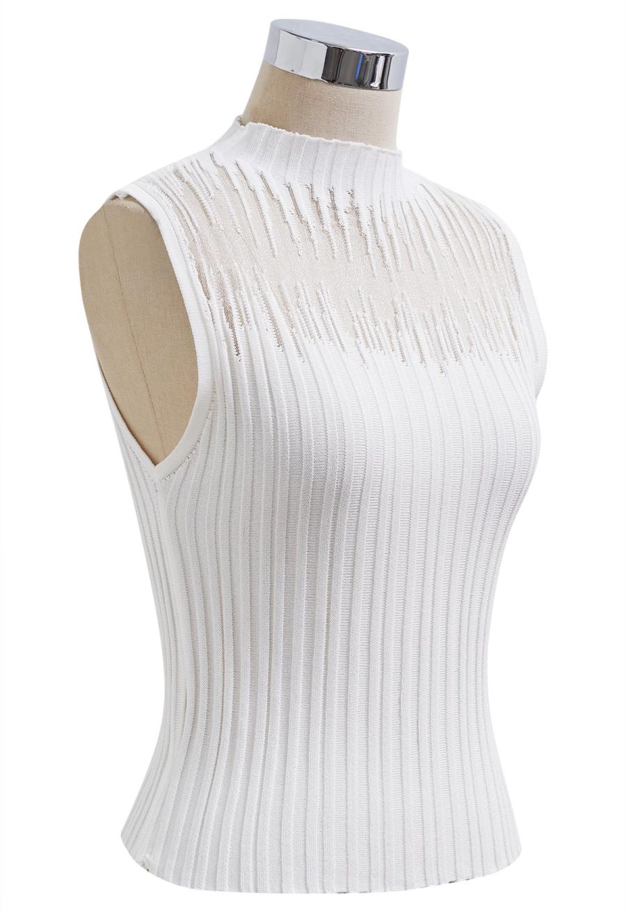 Mesh Inserted Mock Neck Ribbed Knit Tank Top in White