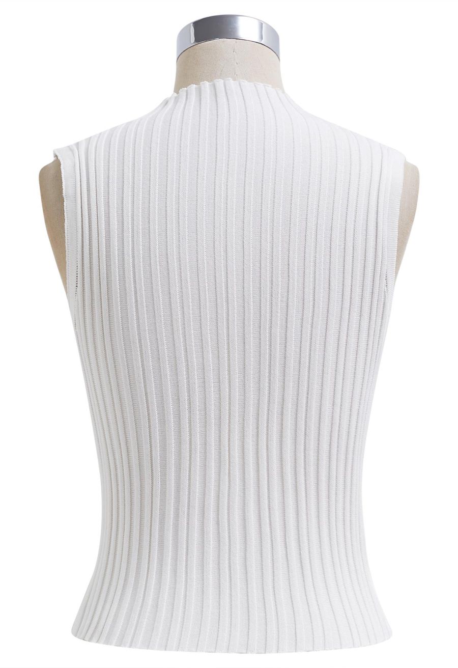 Mesh Inserted Mock Neck Ribbed Knit Tank Top in White