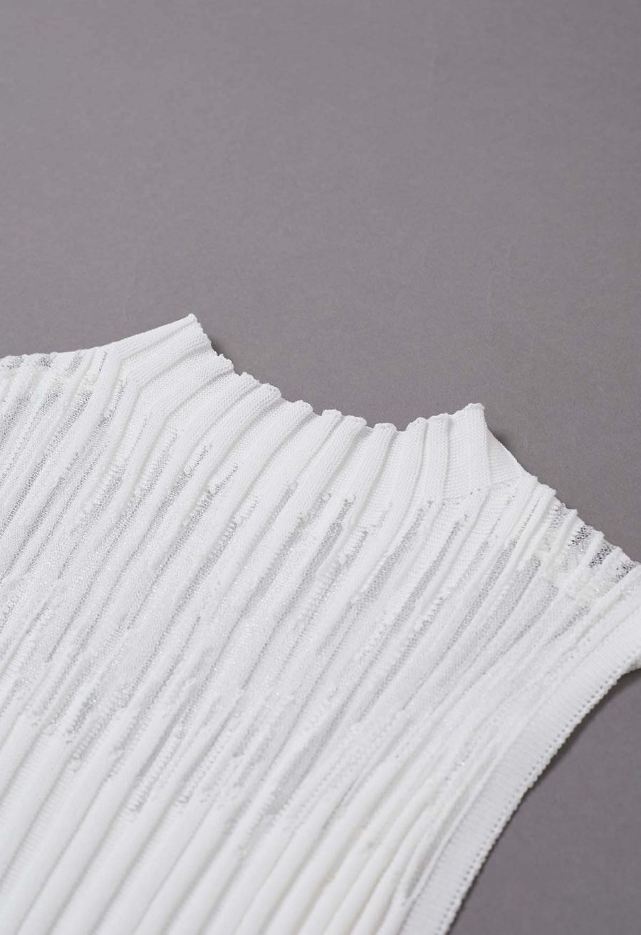 Mesh Inserted Mock Neck Ribbed Knit Tank Top in White