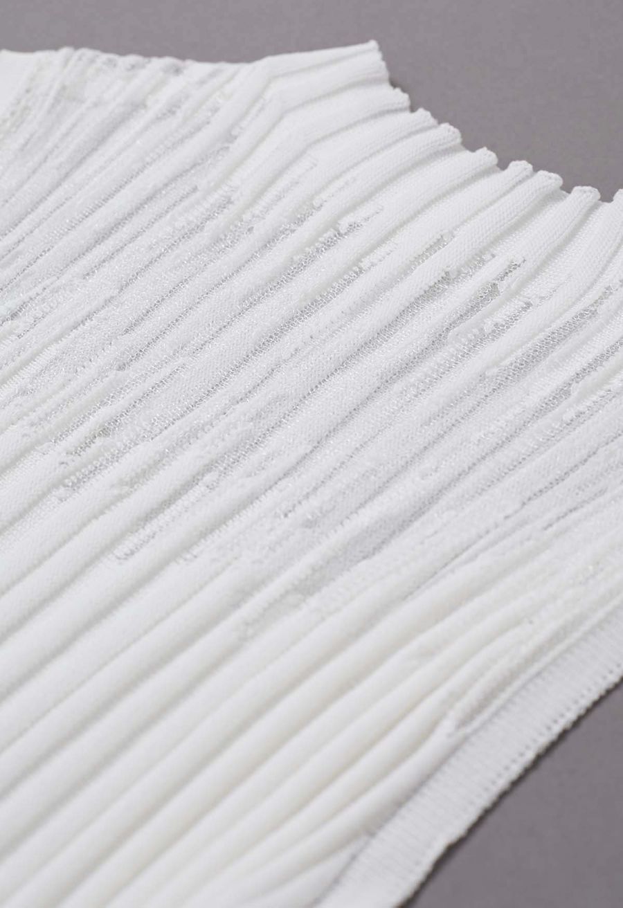Mesh Inserted Mock Neck Ribbed Knit Tank Top in White