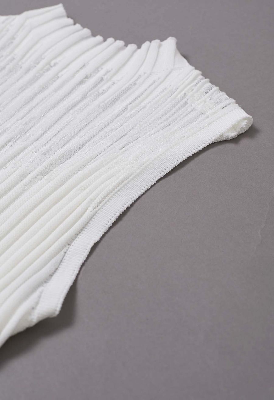 Mesh Inserted Mock Neck Ribbed Knit Tank Top in White