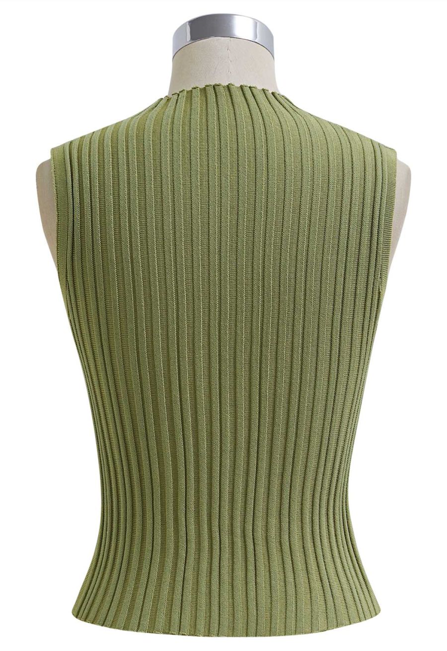 Mesh Inserted Mock Neck Ribbed Knit Tank Top in Green