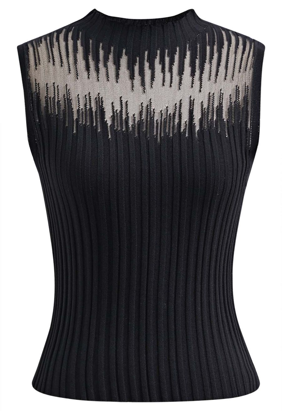 Mesh Inserted Mock Neck Ribbed Knit Tank Top in Black