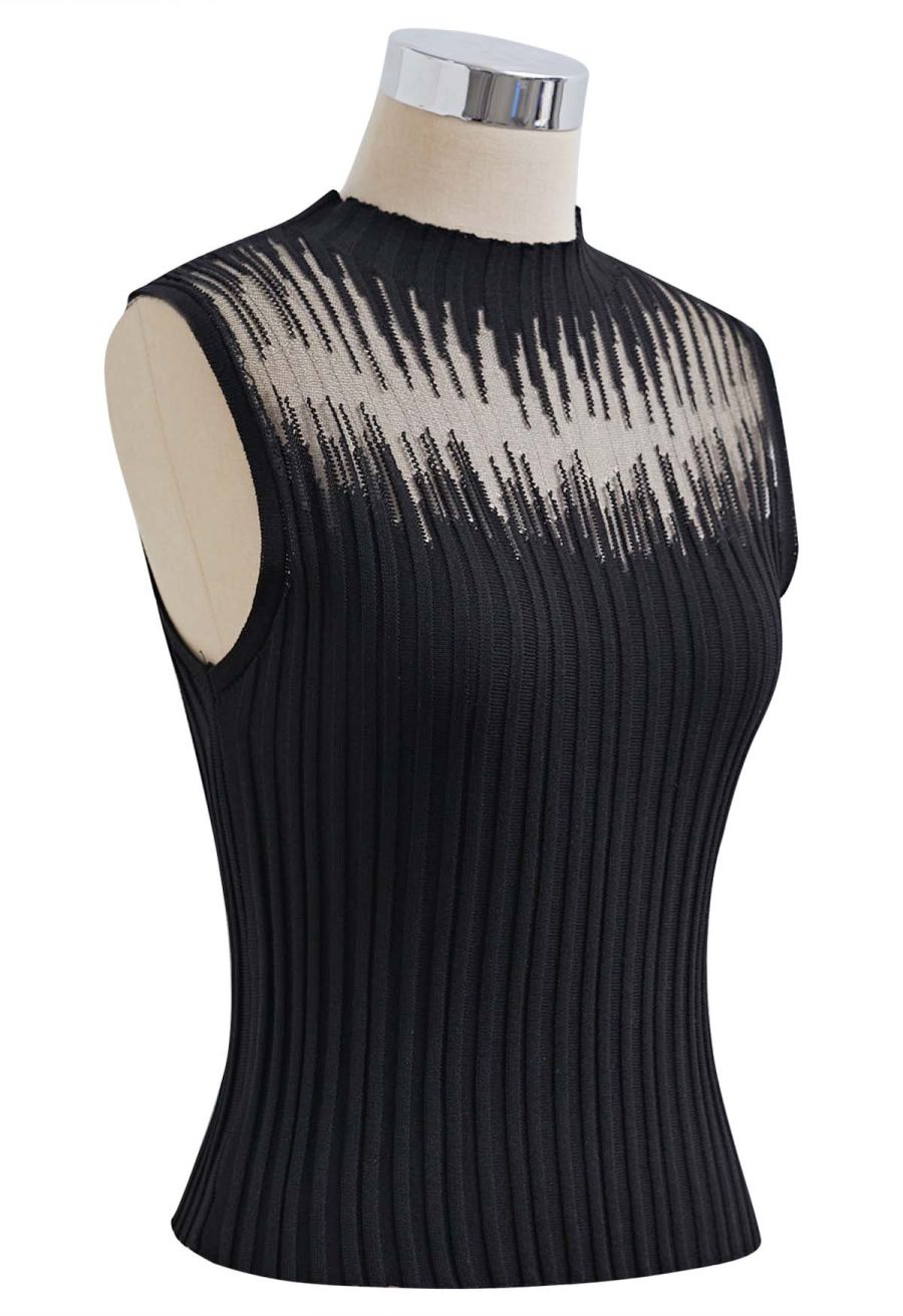 Mesh Inserted Mock Neck Ribbed Knit Tank Top in Black