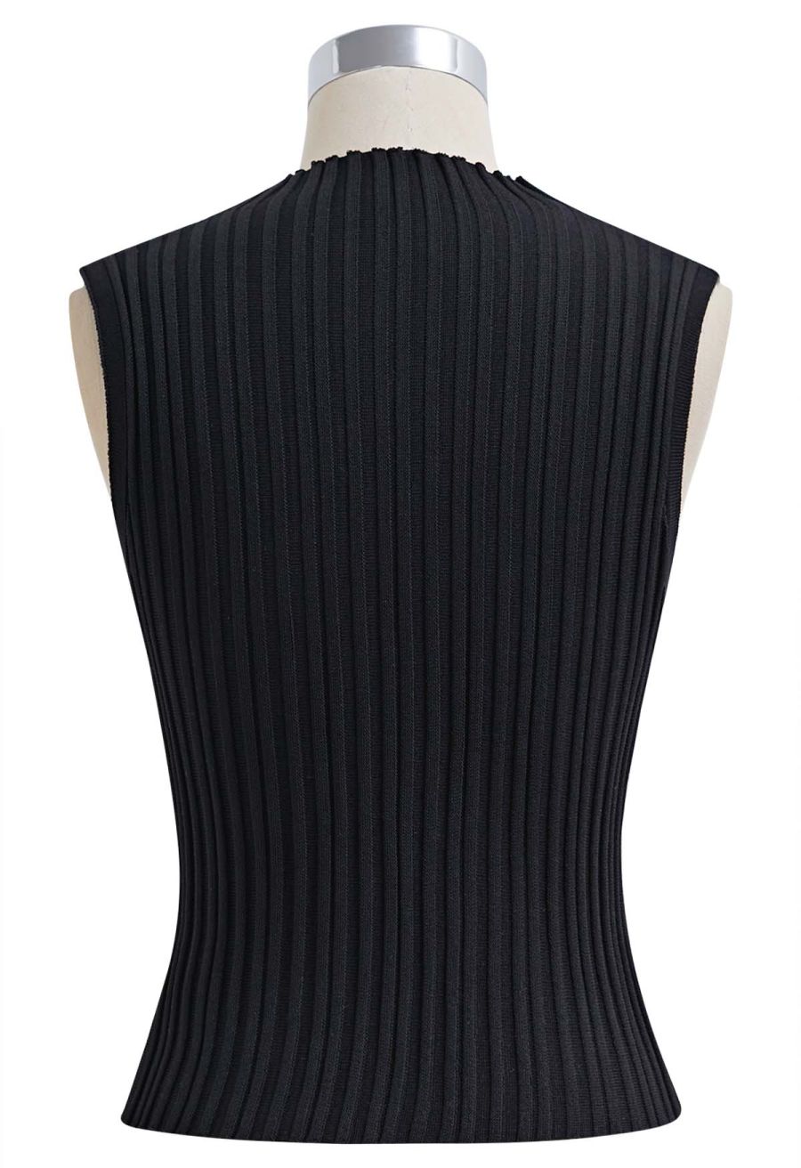 Mesh Inserted Mock Neck Ribbed Knit Tank Top in Black