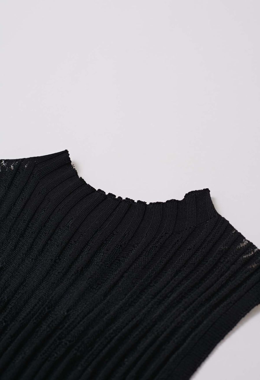 Mesh Inserted Mock Neck Ribbed Knit Tank Top in Black