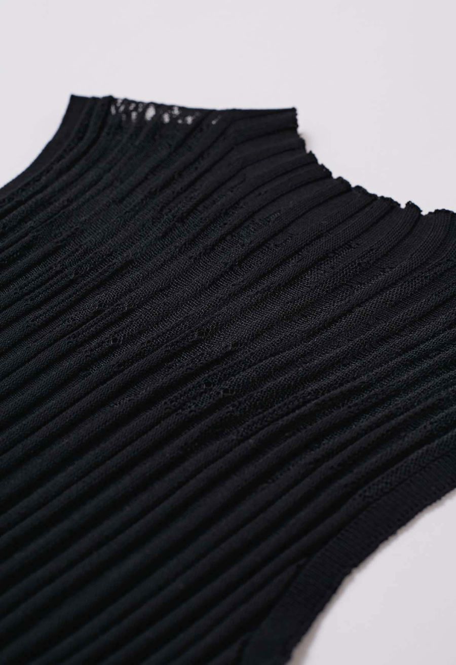 Mesh Inserted Mock Neck Ribbed Knit Tank Top in Black