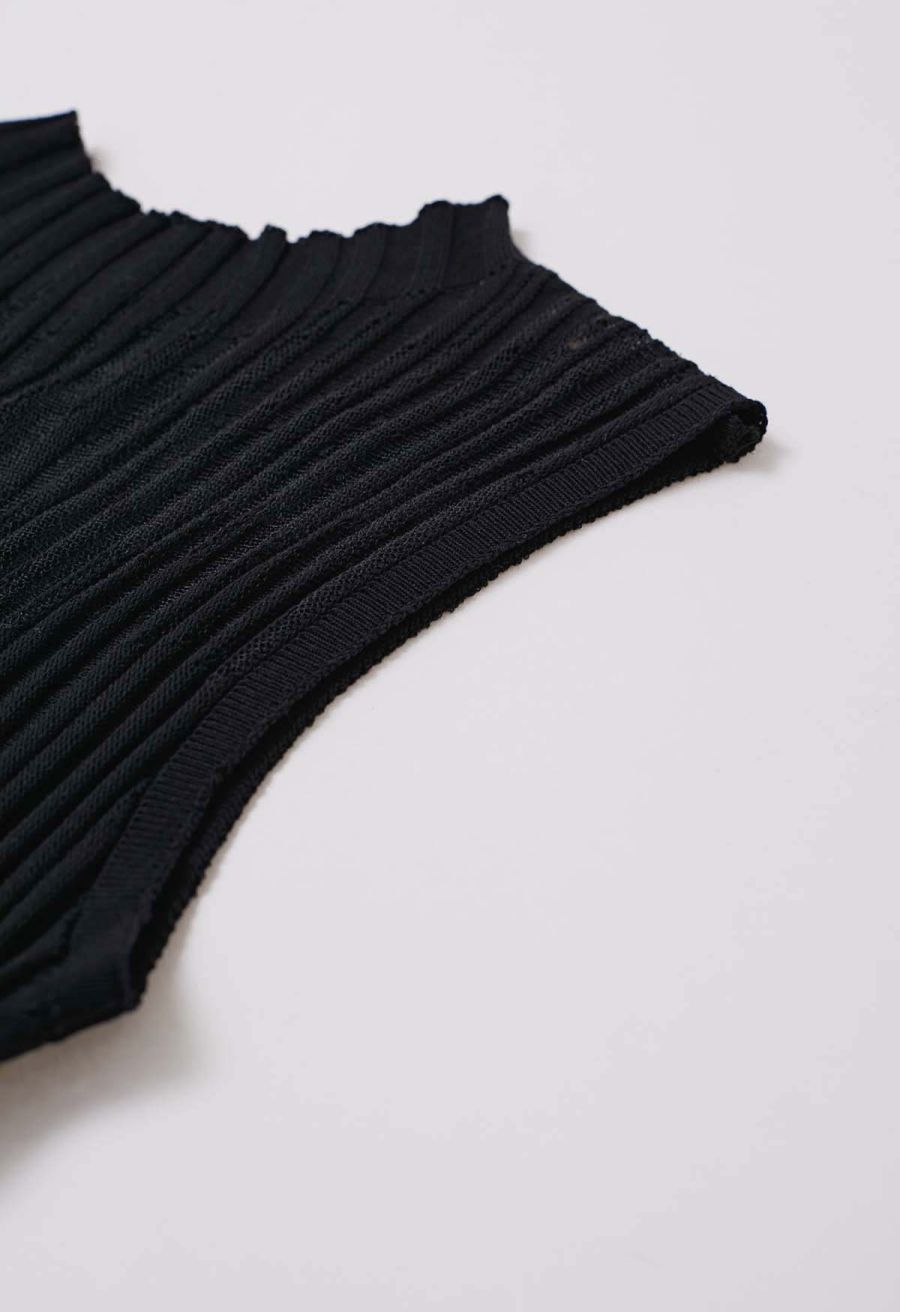 Mesh Inserted Mock Neck Ribbed Knit Tank Top in Black