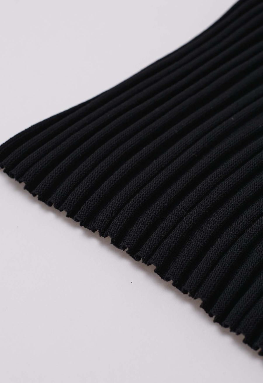 Mesh Inserted Mock Neck Ribbed Knit Tank Top in Black