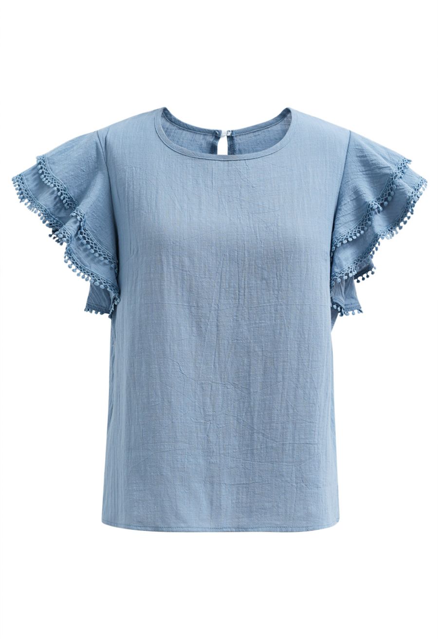 Lace Ruffle Sleeve Cotton Dolly Top in Blue