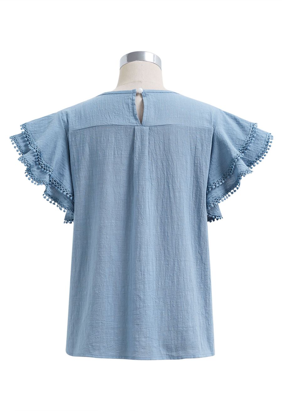 Lace Ruffle Sleeve Cotton Dolly Top in Blue