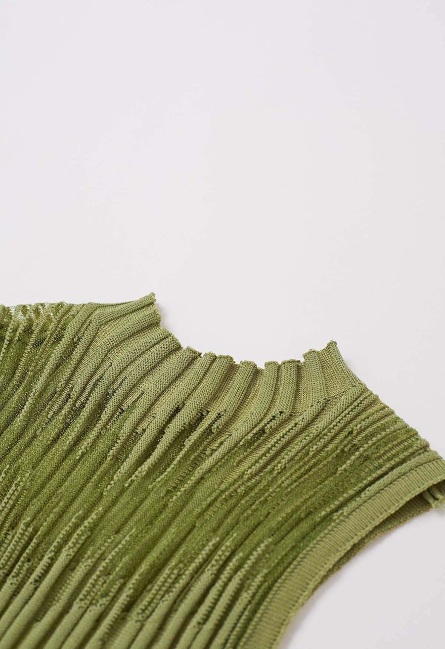 Mesh Inserted Mock Neck Ribbed Knit Tank Top in Green