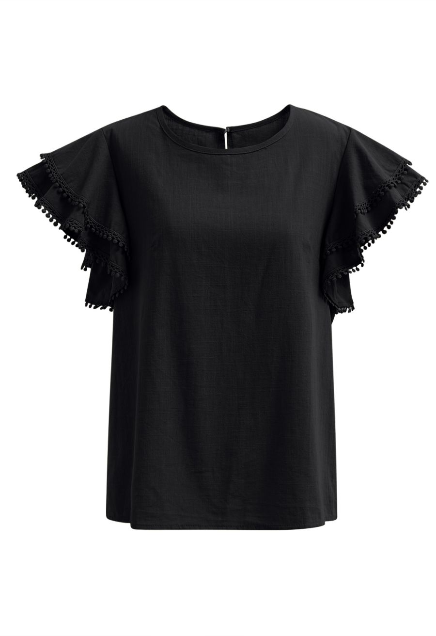 Lace Ruffle Sleeve Cotton Dolly Top in Black