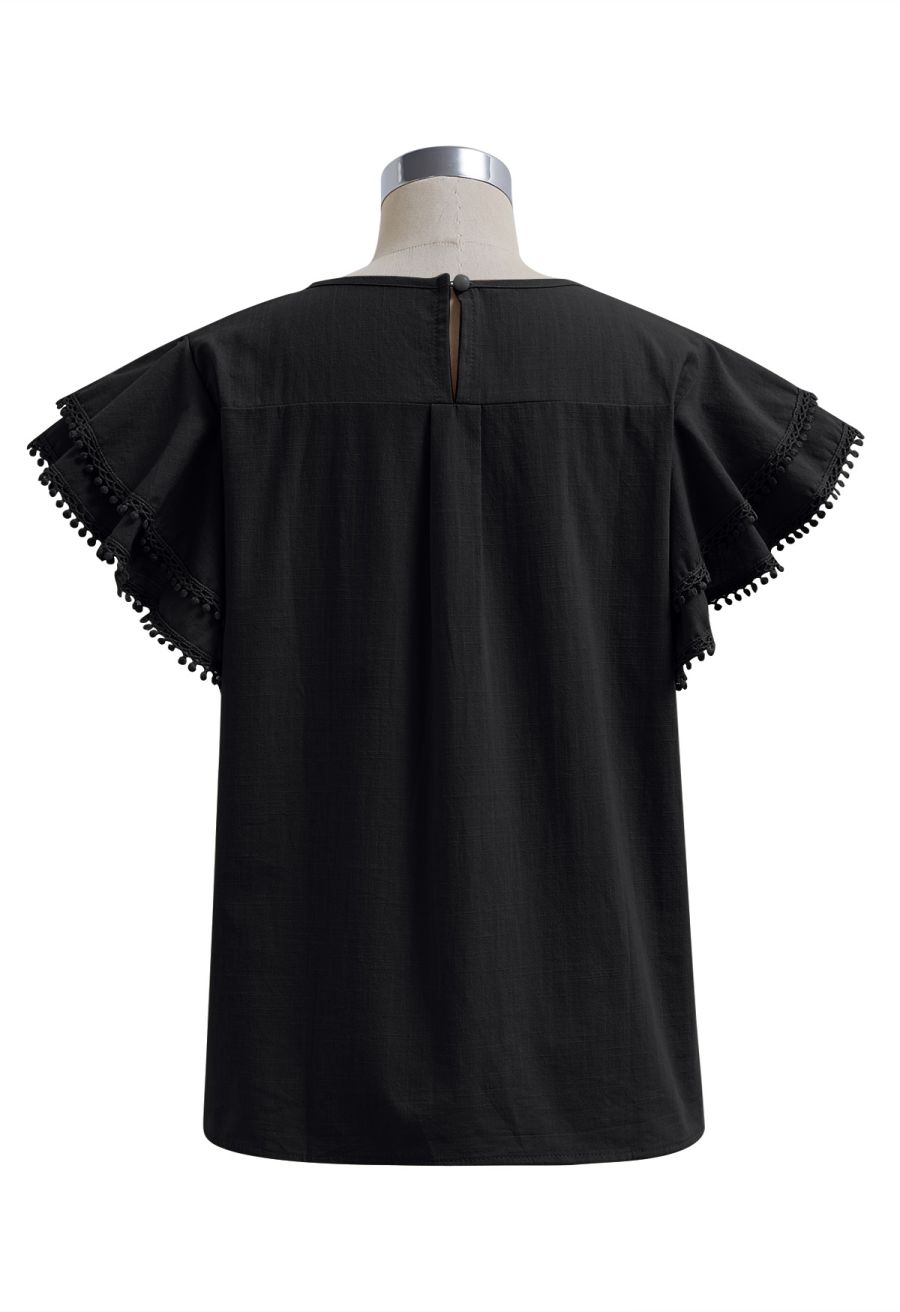 Lace Ruffle Sleeve Cotton Dolly Top in Black