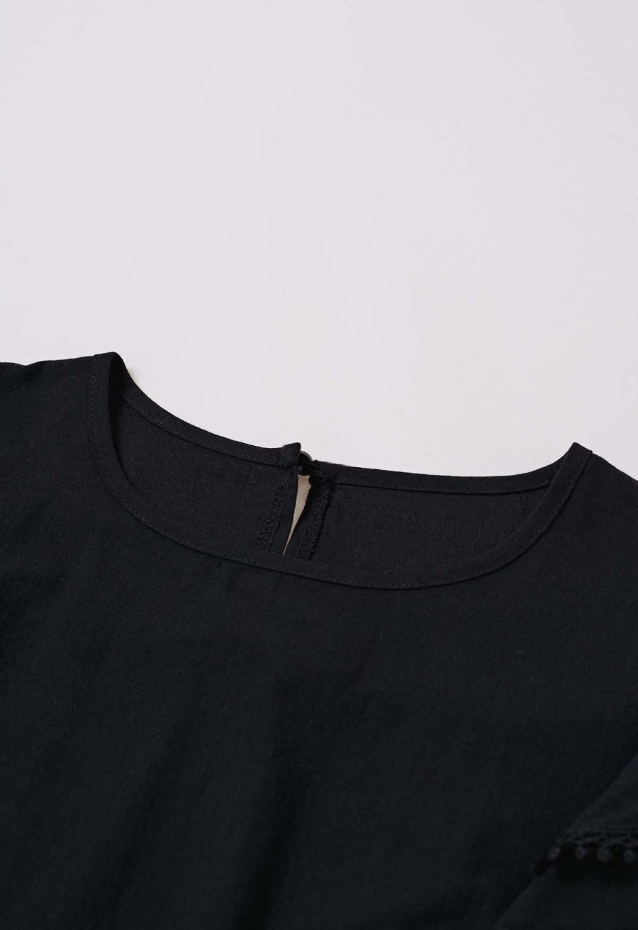 Lace Ruffle Sleeve Cotton Dolly Top in Black