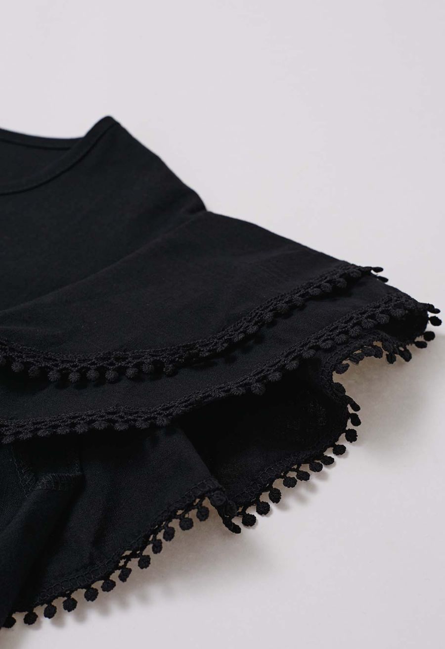 Lace Ruffle Sleeve Cotton Dolly Top in Black