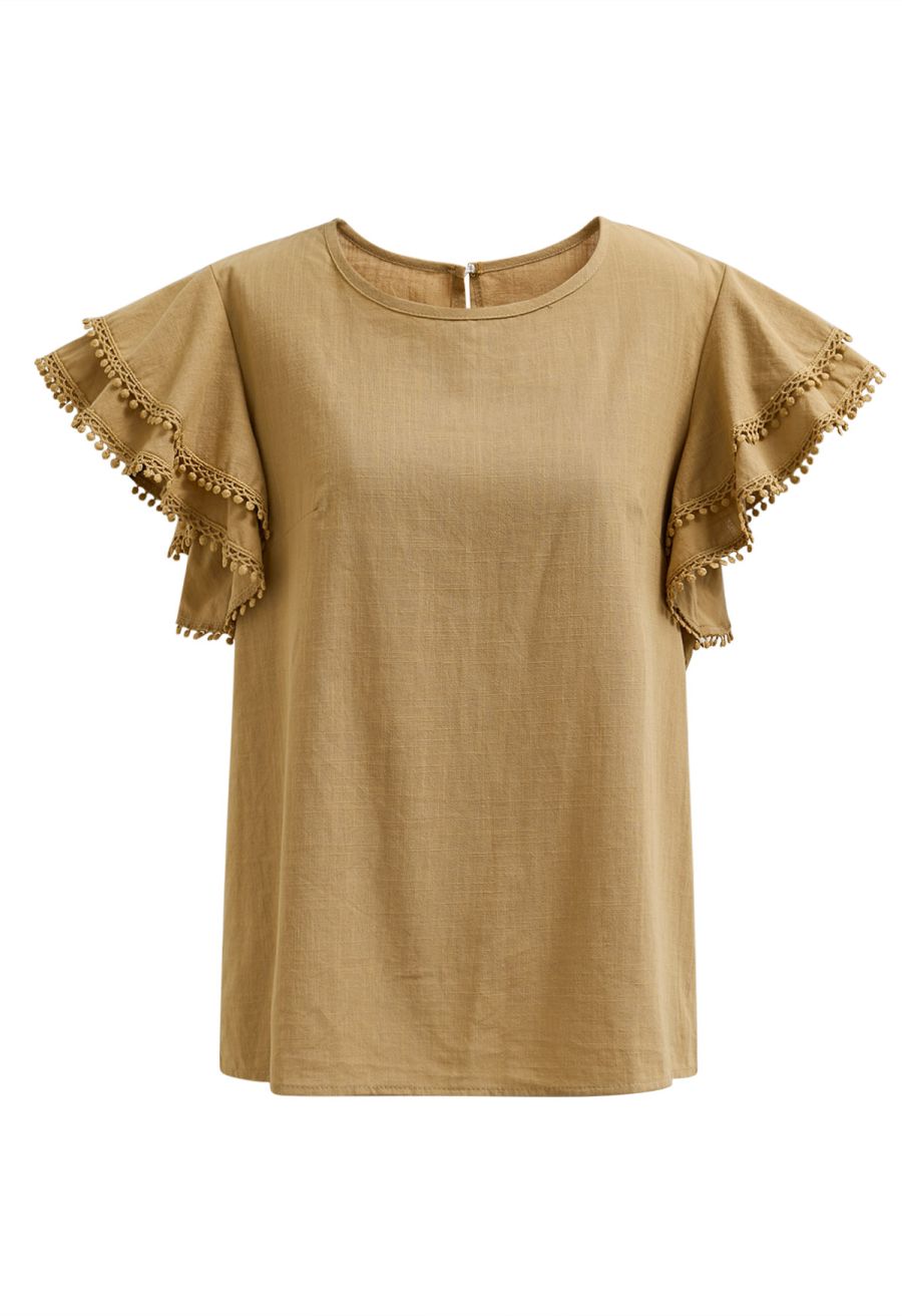 Lace Ruffle Sleeve Cotton Dolly Top in Tan