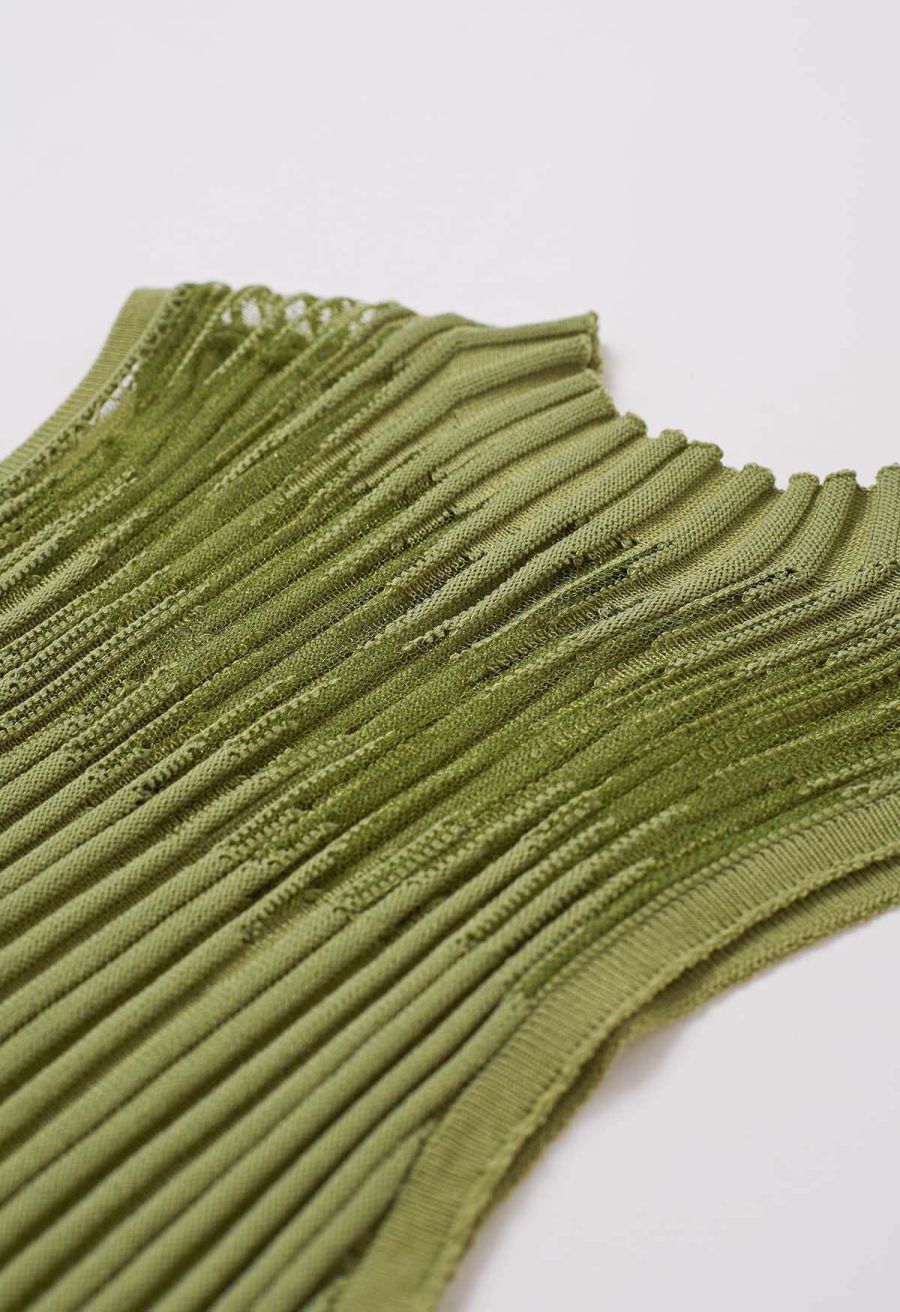 Mesh Inserted Mock Neck Ribbed Knit Tank Top in Green