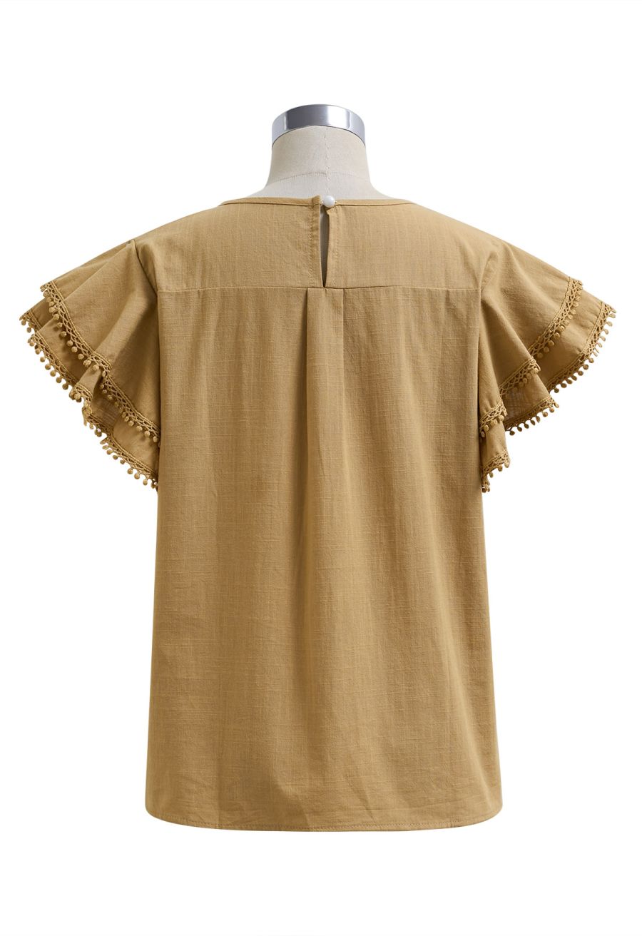 Lace Ruffle Sleeve Cotton Dolly Top in Tan