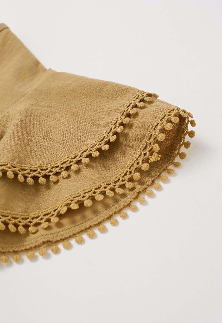 Lace Ruffle Sleeve Cotton Dolly Top in Tan