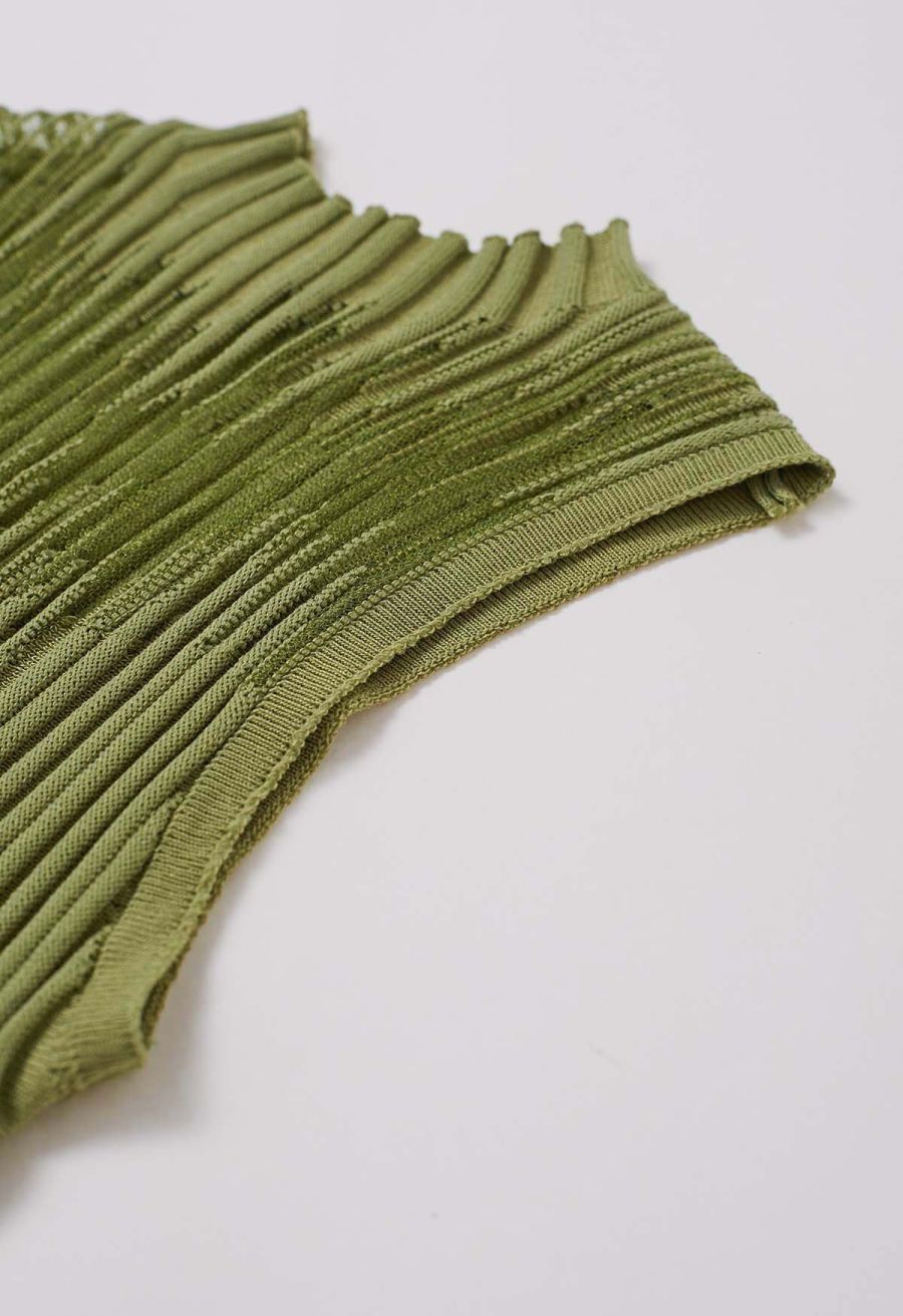 Mesh Inserted Mock Neck Ribbed Knit Tank Top in Green