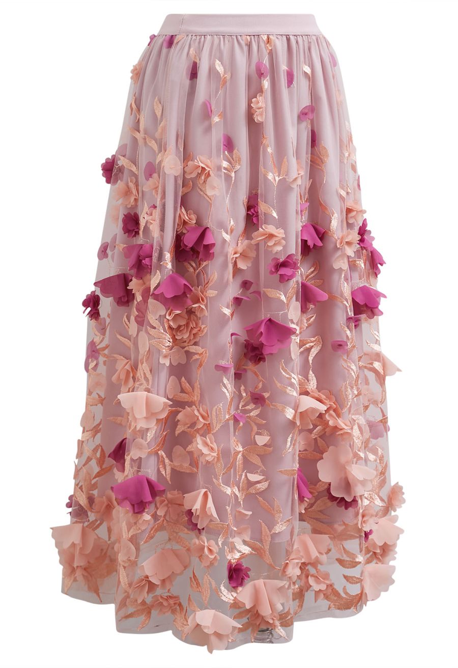 3D Clover Applique Mesh Tulle Maxi Skirt in Coral