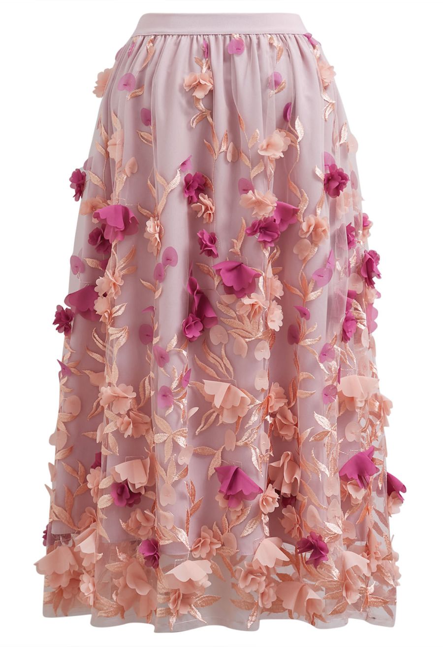 3D Clover Applique Mesh Tulle Maxi Skirt in Coral