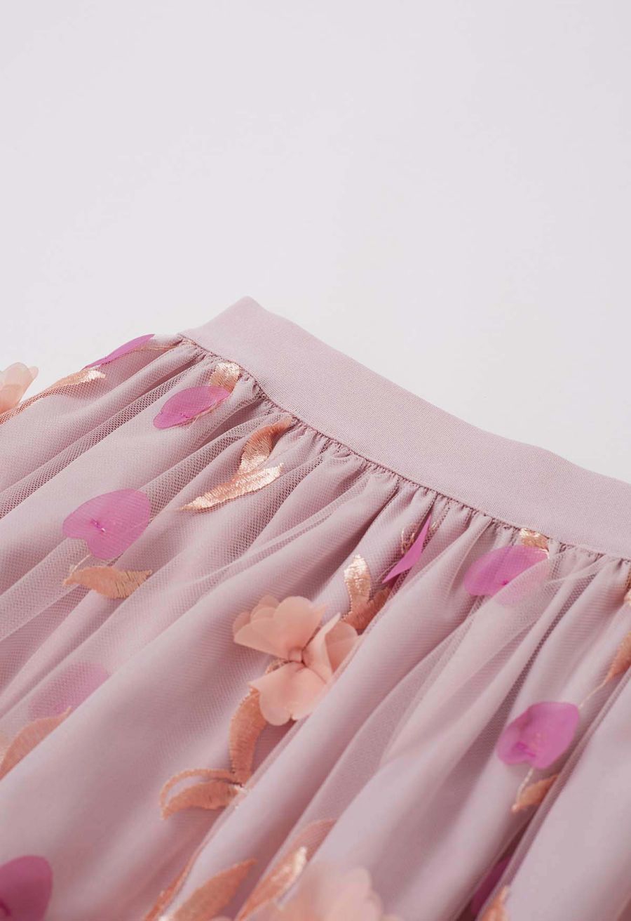 3D Clover Applique Mesh Tulle Maxi Skirt in Coral