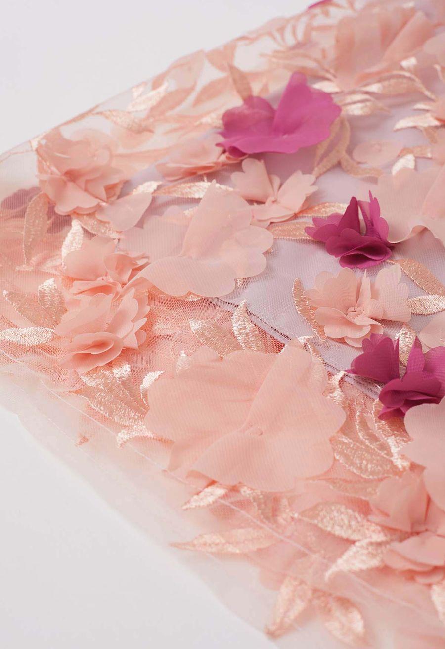 3D Clover Applique Mesh Tulle Maxi Skirt in Coral