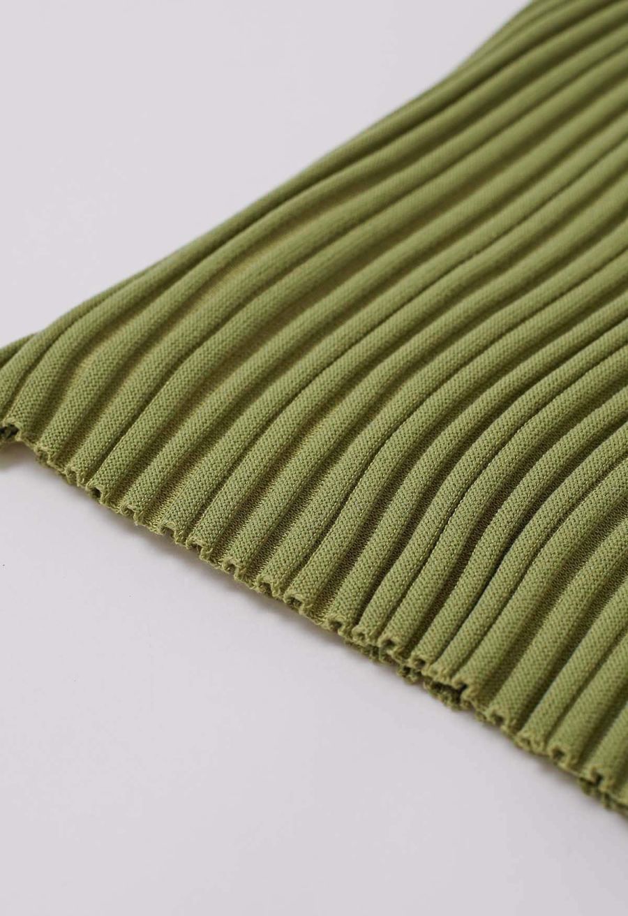 Mesh Inserted Mock Neck Ribbed Knit Tank Top in Green