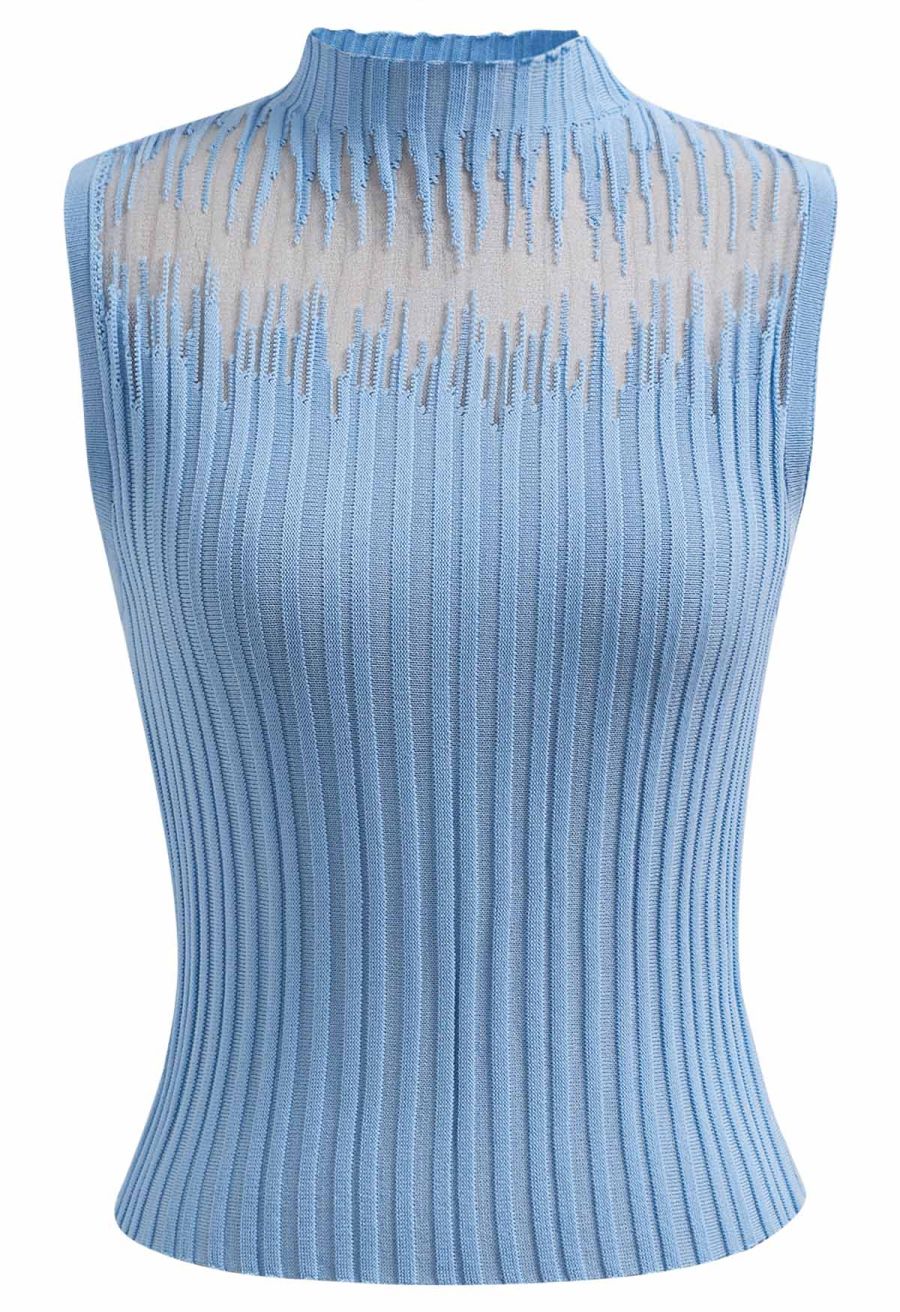 Mesh Inserted Mock Neck Ribbed Knit Tank Top in Blue