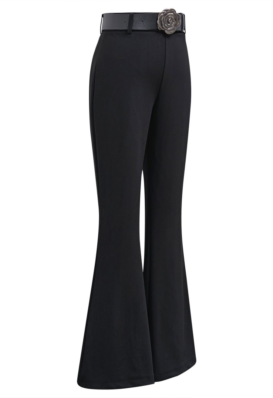 Rose Belt Back Zip Flare Hem Pants