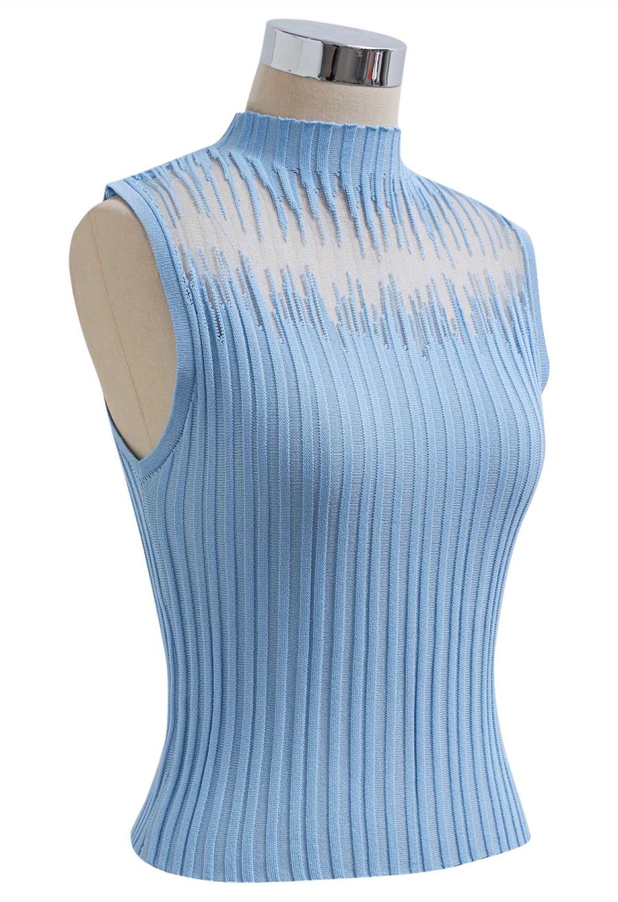 Mesh Inserted Mock Neck Ribbed Knit Tank Top in Blue