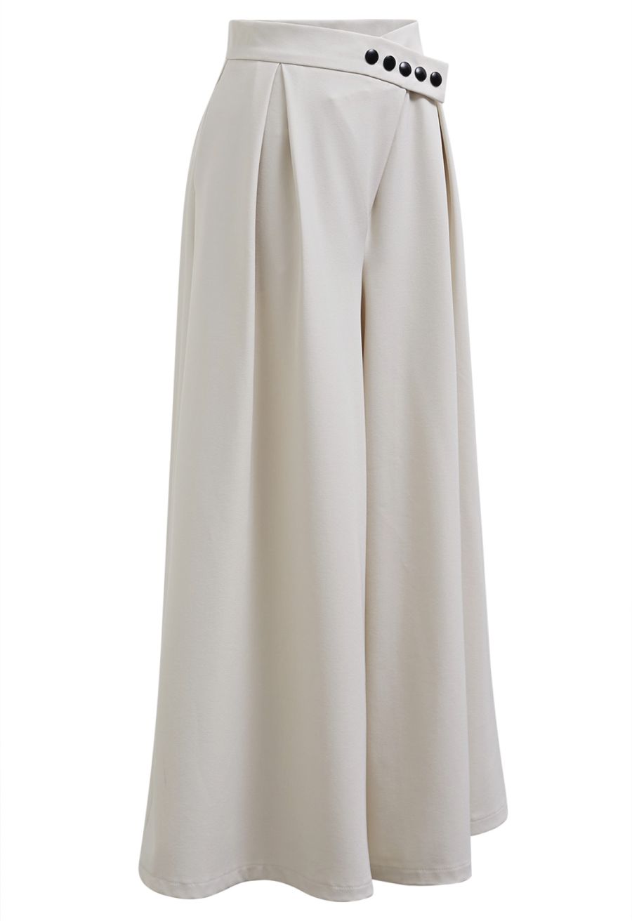 Adjustable Button-Waist Wide-Leg Pants in Ivory