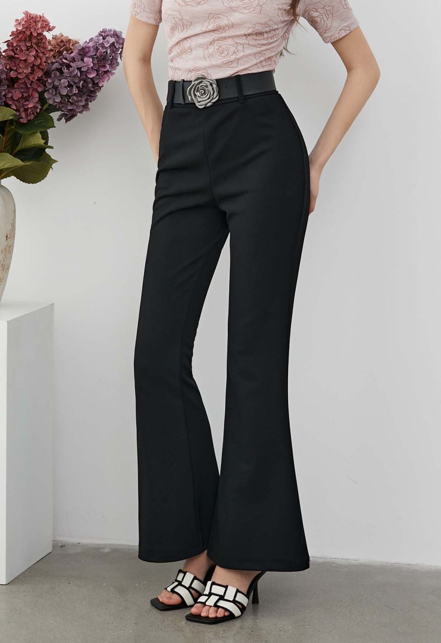 Rose Belt Back Zip Flare Hem Pants