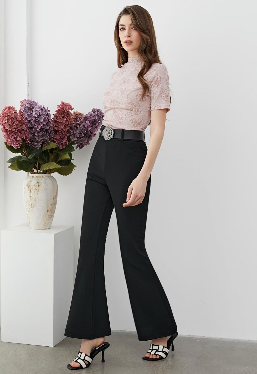 Rose Belt Back Zip Flare Hem Pants