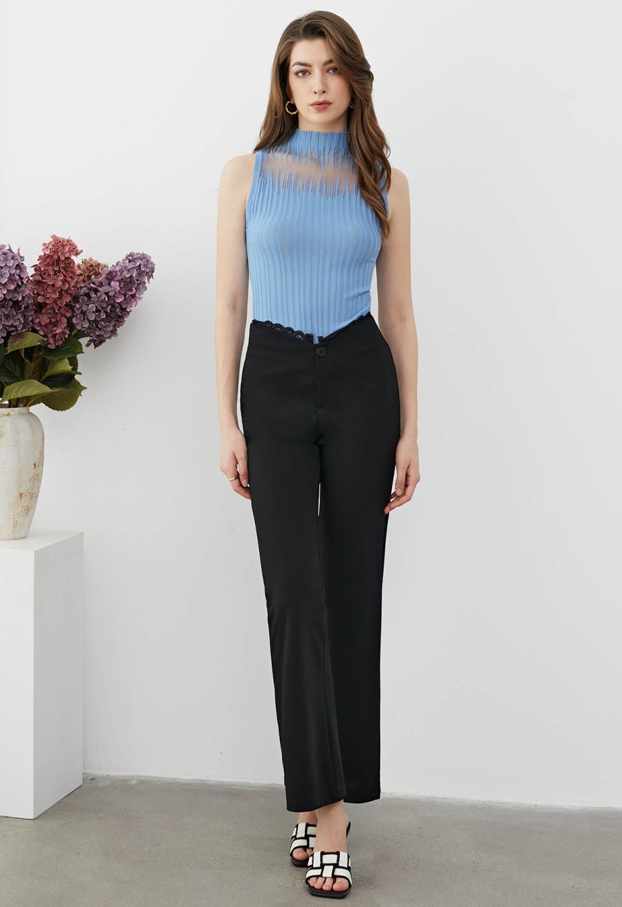 Mesh Inserted Mock Neck Ribbed Knit Tank Top in Blue