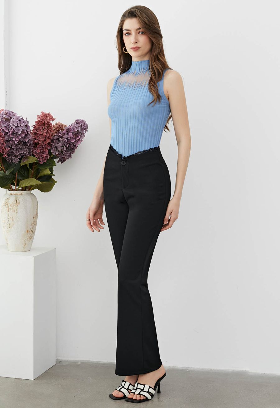 Mesh Inserted Mock Neck Ribbed Knit Tank Top in Blue