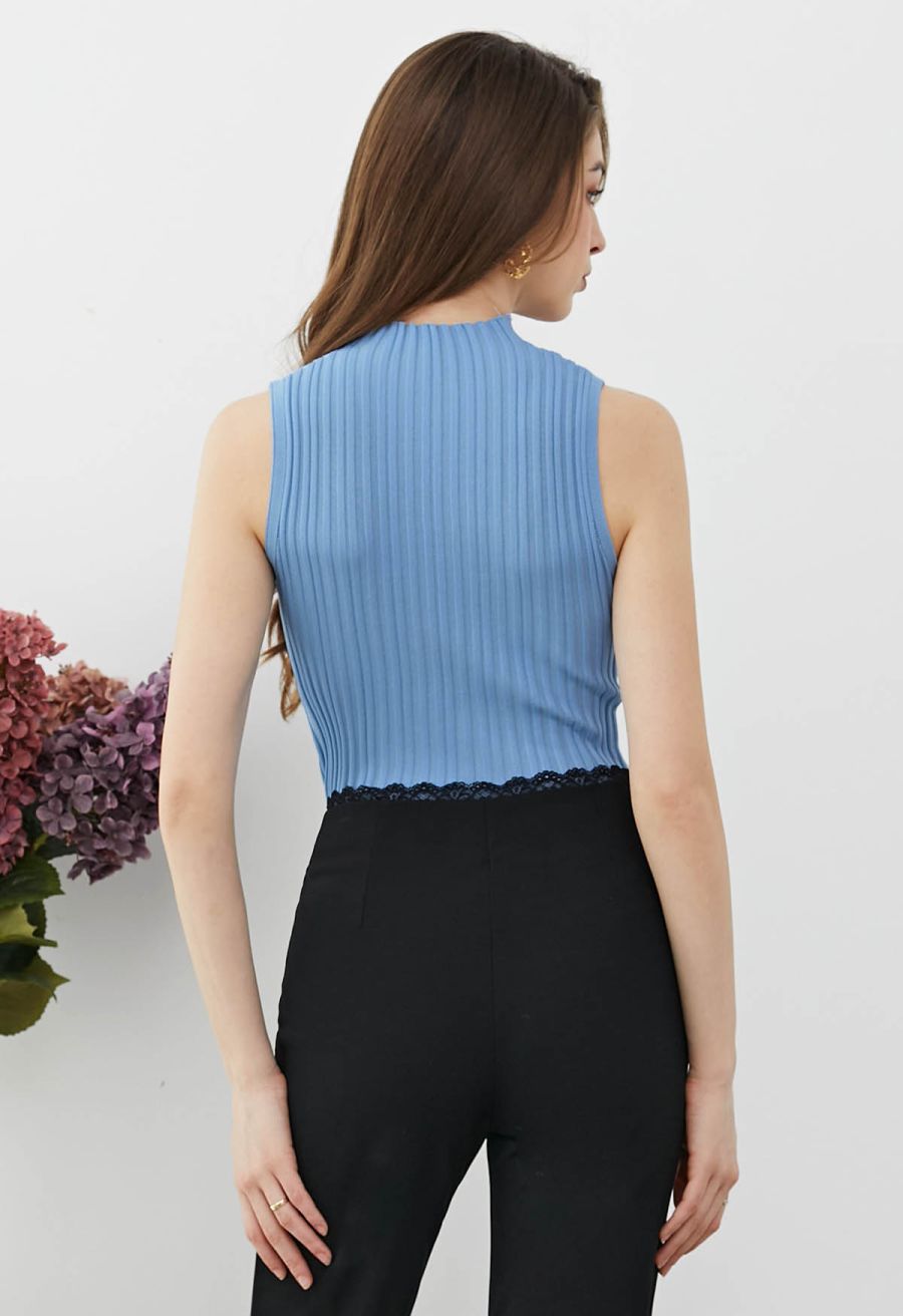 Mesh Inserted Mock Neck Ribbed Knit Tank Top in Blue