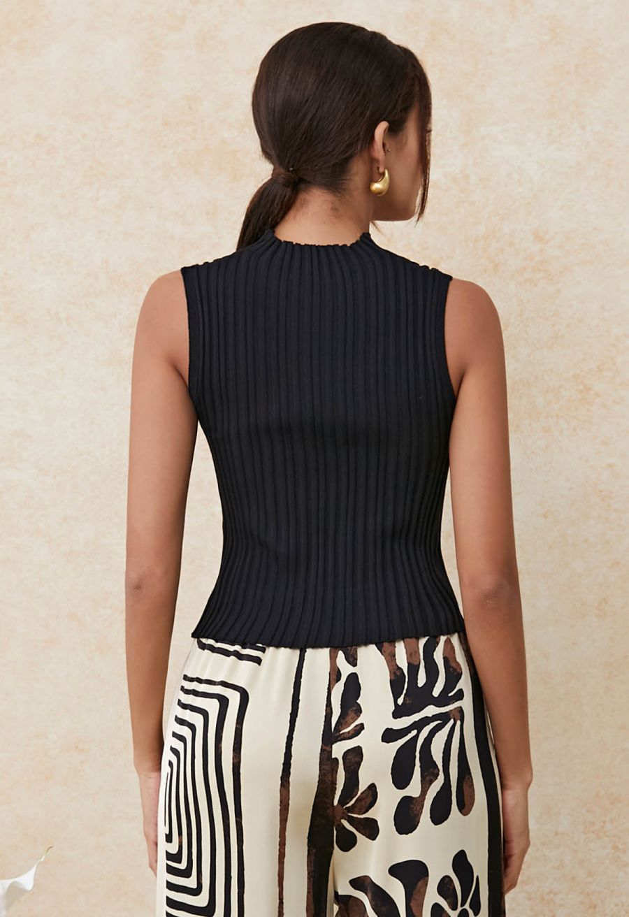 Mesh Inserted Mock Neck Ribbed Knit Tank Top in Black
