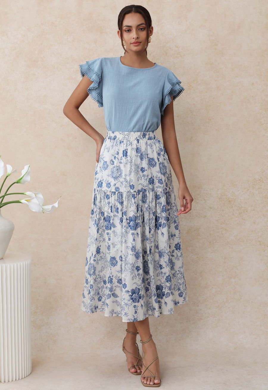 Lace Ruffle Sleeve Cotton Dolly Top in Blue