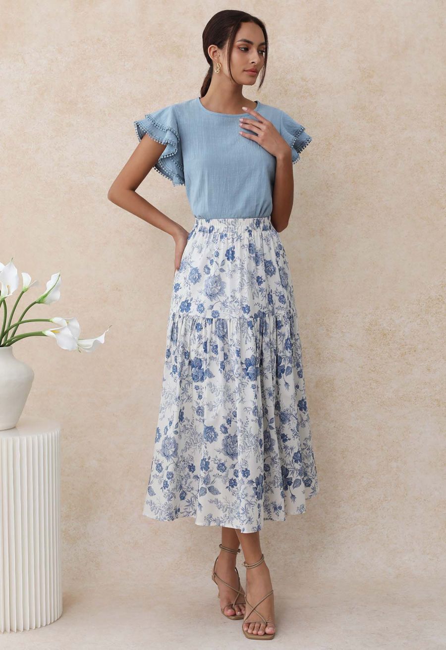 Lace Ruffle Sleeve Cotton Dolly Top in Blue