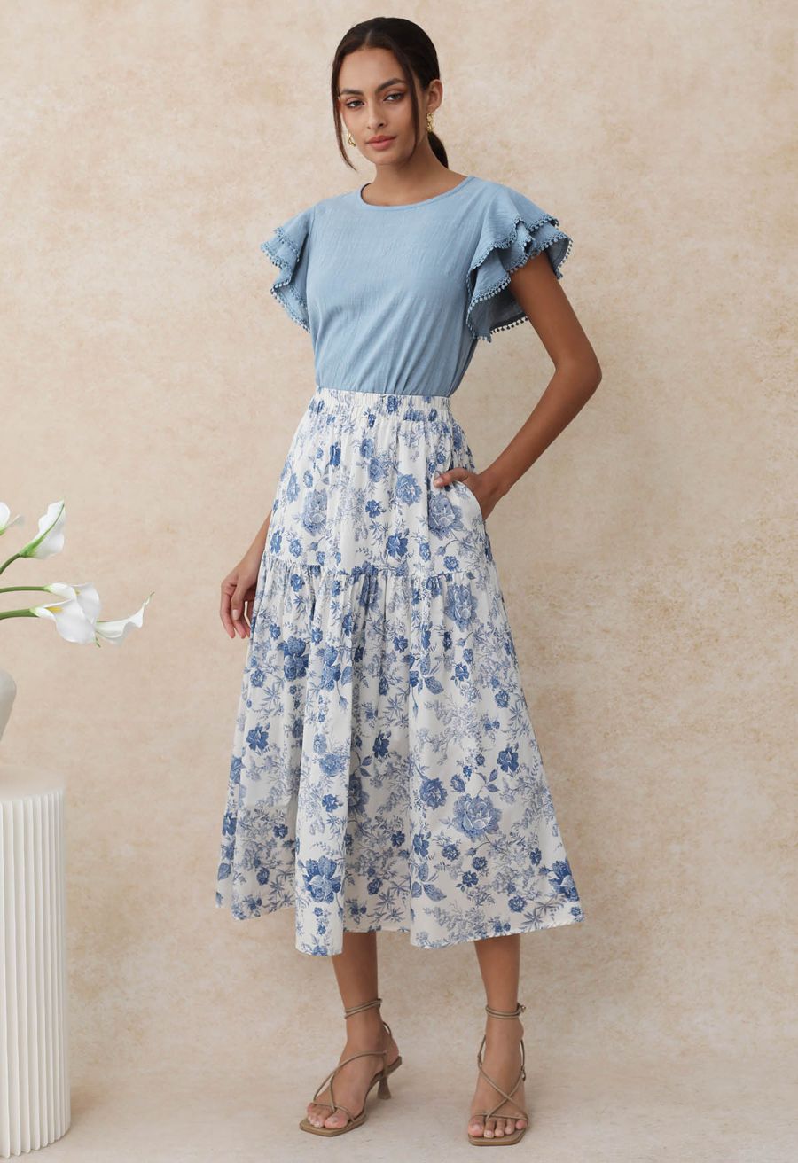 Lace Ruffle Sleeve Cotton Dolly Top in Blue