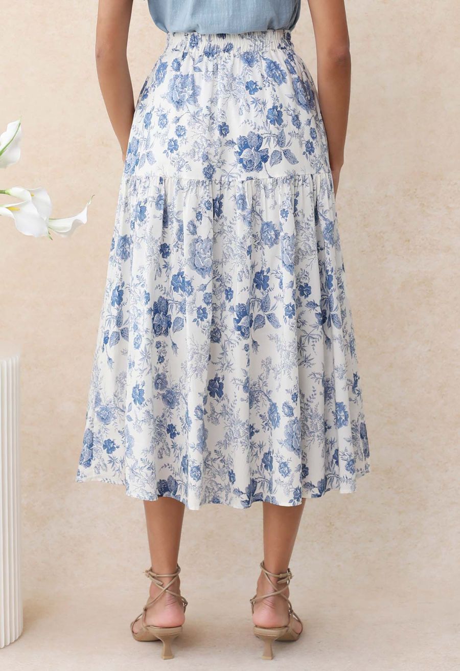 Blue Rose Printed Tiered Cotton Midi Skirt