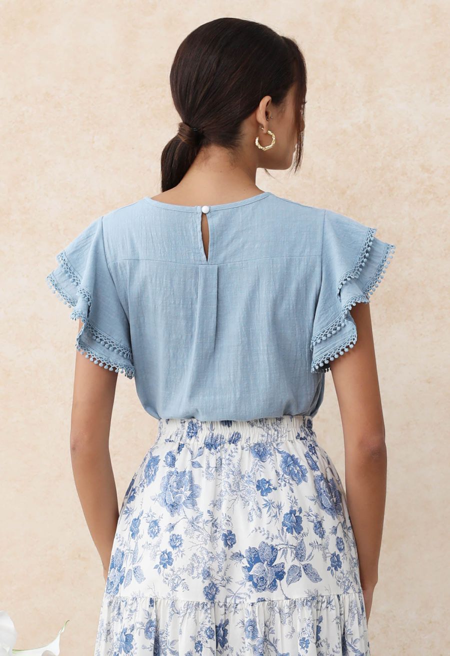 Lace Ruffle Sleeve Cotton Dolly Top in Blue
